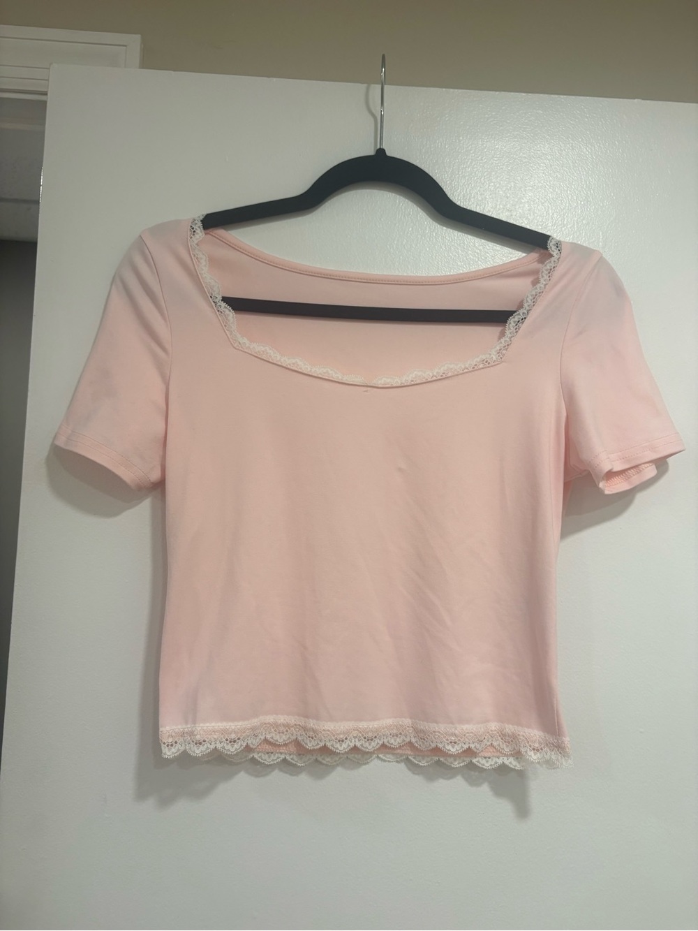 SHEIN Pale Pink Lace-Trim Crop Top